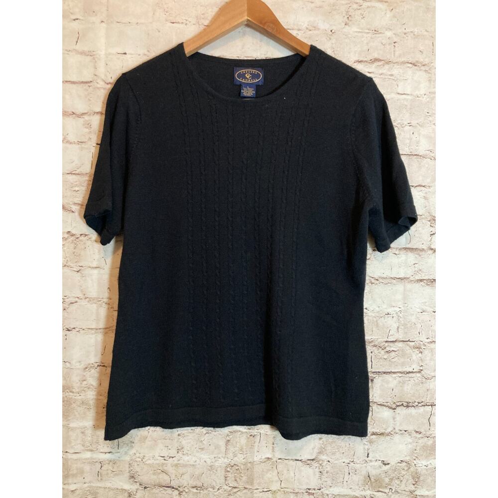 Chelsea‎ Campbell Sweater Womens Large Wool Blend Black Cable Knit Short Sleeve